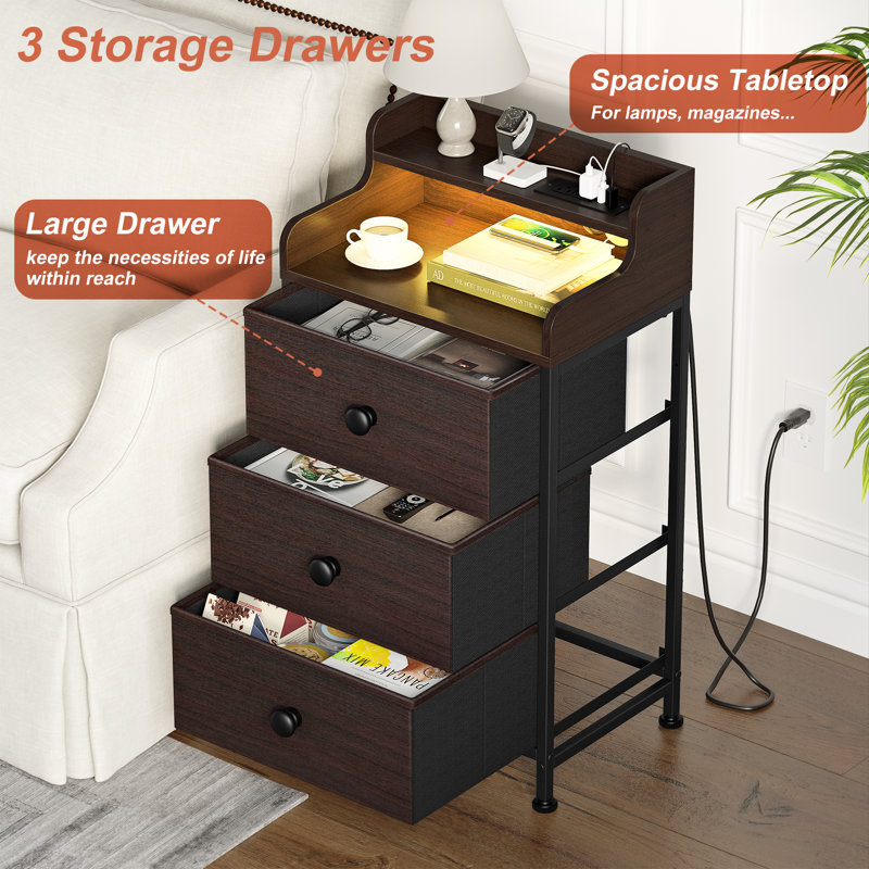 Nightstand with outlets 3 Drawers and 2-Tier Shelf